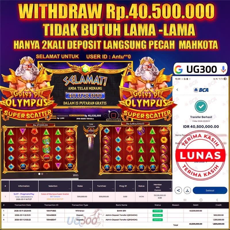 UG300 BERMAIN GATES OF OLYMPUS SUPER SCATTER Rp.40,500,000- DI BAYAR TUNTAS